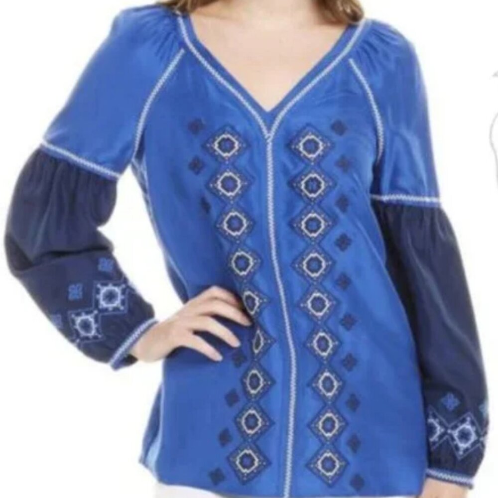 TORY BURCH Katya Silk Tunic Embroidered Jewel Blue Peasant Blouse Size 2